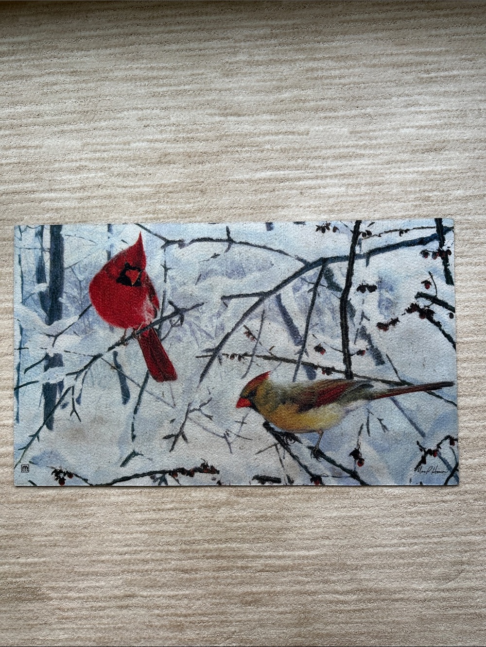 Door mat MatMates Studio M Winter Light Cardinals 18x30” Marc Hanson